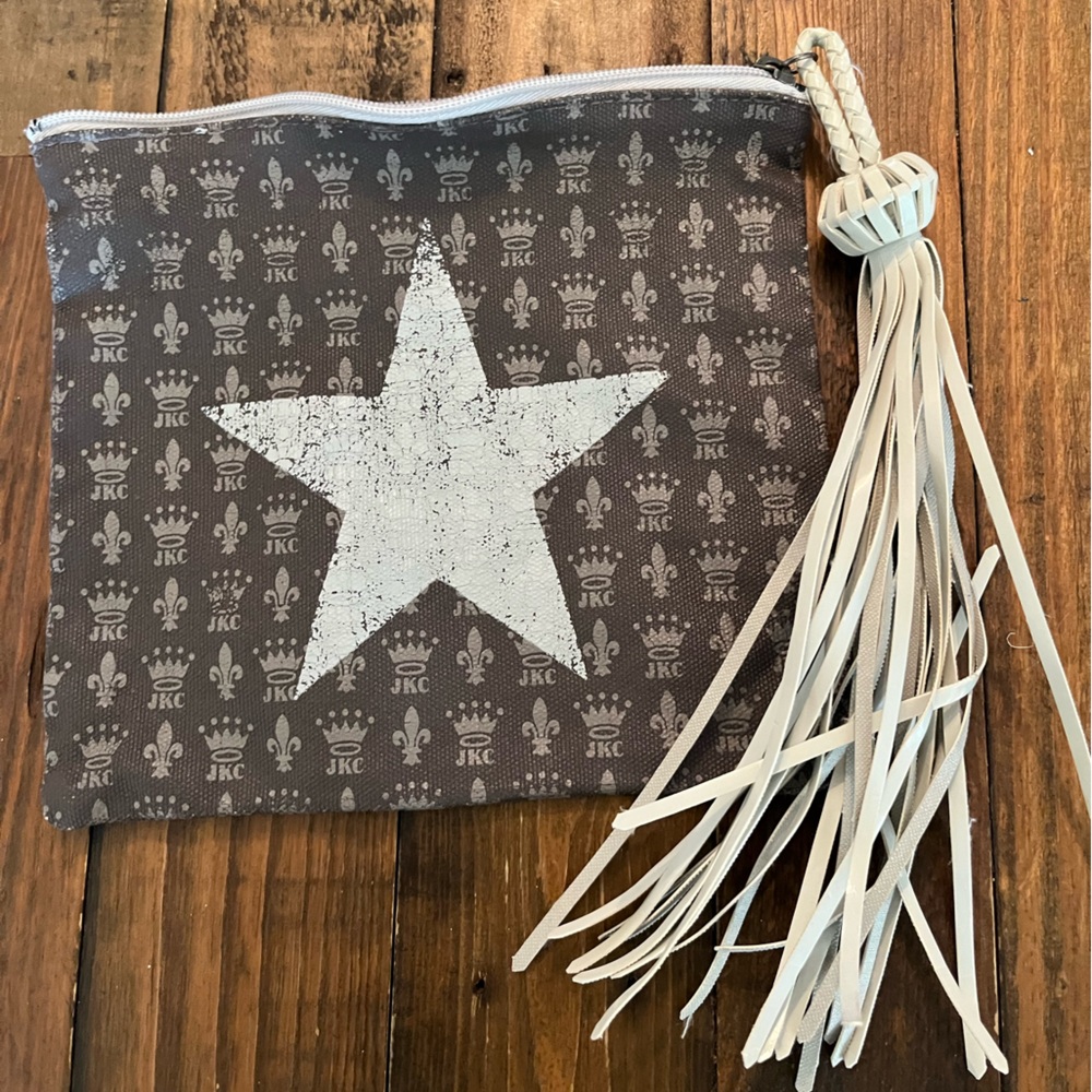 Jessica Kagan Cushman JKC Star Wristlet Clutch Brown Canvas Tassel Pouch Bag‎